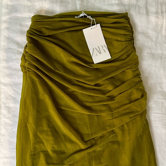 NWT Zara Ruched Organza Midi Skirt in Oil Yellow / Green / Chartreuse Brat Color - Picture 5 of 9